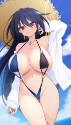  blue_hair blue_nails blue_slingshot_swimsuit breasts dark_blue_hair earrings female hat highres hood hoodie iizunamaru_megumu jewelry large_breasts long_hair muchin_jousha multicolored_clothes multicolored_swimsuit red_eyes slingshot_swimsuit smile solo straw_hat swimsuit touhou white_hoodie 