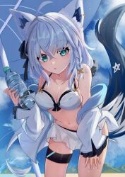  absurdres ahoge animal_ear_fluff animal_ears bikini black_bow blue_nails blurry blurry_background blush bottle bow braid breasts commentary_request earrings female fox_ears fox_girl fox_tail green_eyes hair_between_eyes hairbow highres holding holding_bottle hololive hood hoodie jewelry long_hair looking_at_viewer medium_breasts navel open_clothes open_hoodie open_mouth parasol pentagram plastic_bottle shirakami_fubuki sidelocks single_braid solo soma443 swimsuit tail thigh_strap umbrella virtual_youtuber white_bikini white_hair white_hoodie 