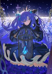  absurdres bare_shoulders birdcage black_dress black_gloves blue_eyes blue_hair bow breasts cage detached_collar dress elbow_gloves ereshkigal_(fate) fate/grand_order fate_(series) female field flower flower_field gloves hair_ornament hairbow highres light_(nightty45) long_hair looking_at_viewer medium_breasts night night_sky parted_bangs sky smile solo space_ereshkigal_(fate) space_ereshkigal_(second_ascension)_(fate) two_side_up 