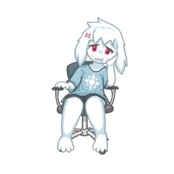  4_fingers 4_toes anthro blush blush_lines bottomwear chair chairiel clothing feet female fingers floppy_ears fur furniture hand_on_face hi_res humanoid looking_at_viewer paws red_eyes shirt shorts smile solo t-shirt toes topwear toriel toriel_revulo undertale_(series) white_body white_fur 