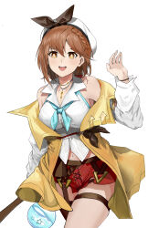  absurdres atelier_(series) atelier_ryza atelier_ryza_1 breasts brown_eyes brown_hair cowboy_shot female flask hat highres jacket jewelry key key_necklace large_breasts looking_at_viewer midian navel necklace open_clothes open_jacket open_mouth red_shorts reisalin_stout round-bottom_flask short_hair short_shorts shorts simple_background sleeveless sleeveless_jacket solo teeth upper_teeth_only white_background white_hat yellow_jacket 