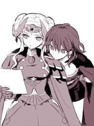  2girls arm_behind_back byleth_(female)_(fire_emblem) byleth_(fire_emblem) cape double_bun edelgard_von_hresvelg eyelashes fire_emblem fire_emblem:_three_houses hair_between_eyes hair_bun holding holding_paper long_hair long_sleeves looking_at_object monochrome multiple_girls paper parted_lips short_hair sidelocks simple_background soto white_background 