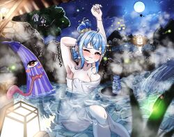  ;3 alternate_hairstyle arm_up blue_hair blue_nails blush breasts cirno cleavage closed_mouth commentary_request full_moon inubashiri_momiji karakasa_obake large_breasts lobstrater64 looking_at_viewer moon multiple_girls musical_note night one_eye_closed one_side_up onsen outdoors purple_umbrella red_eyes shameimaru_aya sidelocks smile solo_focus tatara_kogasa touhou umbrella 