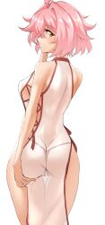  absurdres ass breasts brown_eyes commentary deekei dress female from_behind hand_on_own_ass highres looking_to_the_side original panties pink_hair profile red_panties see-through see-through_dress short_hair side-tie_dress sideboob simple_background solo string_panties thigh_gap tohno_amane_(deekei) underwear white_background 