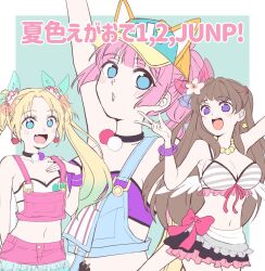  3girls :d :o ahoge animal_hat anyoji_hime aqua_background aqua_hair arm_up armpit_crease baseball_cap bikini black_choker blonde_hair blue_eyes blunt_bangs blush border breasts brown_hair cat_hat choker cleavage collarbone commentary cosplay cowboy_shot earrings flower fujishima_megumi gradient_hair grey_bikini hair_flower hair_ornament hat heart heart_earrings highres hoshizora_rin hoshizora_rin_(cosplay) jewelry large_breasts link!_like!_love_live! long_hair looking_at_viewer love_live! love_live!_school_idol_project medium_breasts midriff minami_kotori minami_kotori_(cosplay) mira-cra_park! multi-tied_hair multicolored_hair multiple_girls namahamu_(ch_m_ry) natsuiro_egao_de_1_2_jump! navel oerba_yun_fang official_alternate_costume open_mouth orange_hat osawa_rurino outside_border parted_bangs pink_flower pink_hair pink_shorts ponytail purple_bikini purple_eyes shorts sidelocks small_breasts smile song_name star_(symbol) star_earrings striped_bikini striped_clothes suspenders swept_bangs swimsuit twintails two_side_up typo upper_body virtual_youtuber w white_border yazawa_nico yazawa_nico_(cosplay) yellow_visor 