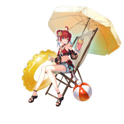  absurdres adapted_costume ahoge alternate_costume alternate_hairstyle ball bare_legs beach_chair beach_umbrella beachball black_sleeves blue_eyes breasts cleavage commentary_request crepe crescent crop_top danjin_(wuthering_waves) detached_sleeves dkdi93045 double_bun earrings female flower food full_body hair_between_eyes hair_bun hair_flower hair_ornament halterneck highres holding holding_food holding_spoon hoop_earrings jewelry looking_at_viewer medium_breasts midriff navel on_chair parted_lips red_hair red_shirt sandals shirt shorts simple_background sitting smile solo spoon swim_ring tacet_mark_(wuthering_waves) toes two_side_up umbrella white_background white_shorts wuthering_waves 