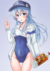  anti_(untea9) ass_visible_through_thighs blue_dress blue_eyes blue_one-piece_swimsuit blush bottle competition_school_swimsuit competition_swimsuit covered_navel cowboy_shot dress female flat_cap gradient_background grey_hair hat hibiki_(kancolle) high_school_fleet highres jacket jacket_over_swimsuit kantai_collection long_hair multicolored_clothes multicolored_swimsuit new_school_swimsuit one-piece_swimsuit school_swimsuit solo swimsuit twitter_username two-tone_swimsuit water_bottle white_jacket white_one-piece_swimsuit yokosuka_girls_marine_high_school_swimsuit 