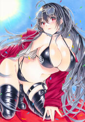  azur_lane bare_shoulders bikini black_bikini black_choker black_footwear black_hair black_thighhighs boots breasts choker cleavage eyewear_on_head female hair_between_eyes highres huge_breasts jacket long_hair long_sleeves looking_at_viewer marker_(medium) mimi_(mini1474) official_alternate_costume race_queen red_eyes red_jacket solo swimsuit taihou_(azur_lane) taihou_(enraptured_companion)_(azur_lane) thigh_boots thighhighs traditional_media very_long_hair 