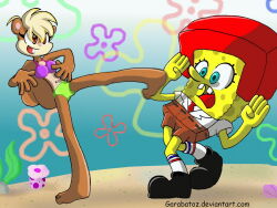  2007 armor bikini bottomwear clothed clothing female garabatoz headgear helmet karate kick male mammal nickelodeon open_mouth outside pants rodent sandy_cheeks sciurid shorts smile sponge spongebob_squarepants spongebob_squarepants_(character) standing swimwear tail tomboy tree_squirrel two-piece_swimsuit 