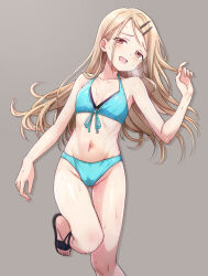  bikini blonde_hair blue_bikini brown_eyes female front-tie_bikini_top front-tie_top gakuen_idolmaster grey_background hair_ornament hairclip highres idolmaster looking_at_viewer lying navel ryusei2u sandals shinosawa_hiro simple_background smile solo swept_bangs swimsuit 