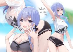  armpit_peek bikini bikini_under_clothes black_bikini blue_hair blush breasts cleavage commentary_request female helloet11 idolmaster idolmaster_shiny_colors looking_at_viewer medium_breasts multiple_views navel shirt short_sleeves smile stomach suzuki_hana swimsuit translation_request up_sleeve wet wet_clothes wet_shirt white_shirt 