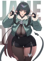  absurdres black_gloves black_pantyhose black_shorts blunt_bangs breasts cowboy_shot female fingernails fur-trimmed_jacket fur_trim gloves green_eyes green_hair green_jacket gya_rb highres huge_breasts jacket jane_doe_(zenless_zone_zero) long_hair looking_at_viewer multicolored_hair nail_polish pantyhose red_hair red_nails shorts sidelocks simple_background small_breasts smile solo thighs zenless_zone_zero 