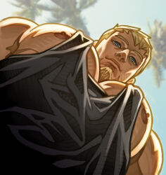  1boy absolum_art arcadia_nights asher_(absolum) bara black_tank_top blonde_hair blue_eyes closed_mouth commentary english_commentary facial_hair goatee highres large_pectorals looking_at_viewer male_focus manboobs meme nipples original palm_tree pectorals shirt short_hair sky smile solo tank_top tree yur_oc_like_this_(meme) 