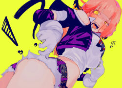  !? 10_4_(10f0ur) :o ass belt black_belt blonde_hair blue_archive blunt_bangs blush breasts character_request clothing_cutout crop_top cropped_jacket female from_below gloves jacket large_breasts long_hair pink_jacket shirt shorts shoulder_cutout sweat teeth tongue white_gloves white_shirt white_shorts yellow_eyes zenless_zone_zero 