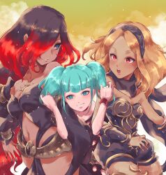  3girls :o aqua_eyes aqua_hair arm_hug bare_shoulders black_hair black_headband black_nails black_scarf blonde_hair blue_eyes blunt_bangs blush cloud cloudy_sky cowboy_shot crow_(gravity_daze) cyanea dark-skinned_female dark_skin gradient_hair gravity_daze grin headband highres kitten_(gravity_daze) long_hair looking_at_another looking_at_viewer multicolored_hair multiple_girls navel no31990 puckered_lips red_eyes scarf short_twintails sky smile strapless twintails two-tone_hair very_long_hair yellow_sky 