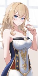  alternate_hairstyle arm_behind_back bare_shoulders blonde_hair blue_eyes breasts cleavage collarbone commentary_request female genshin_impact gold_trim hair_between_eyes hand_in_own_hair hand_up highres holding holding_own_hair jean_(genshin_impact) light_blush long_hair looking_at_viewer medium_breasts mon-chan parted_lips shirt sleeveless sleeveless_shirt solo upper_body white_background white_shirt 