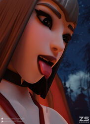  1girls between_breasts black_eyes black_hair cemetery choker female fortnite fortnite:_battle_royale graveyard halloween lipstick night open_mouth saliva saliva_drip saliva_on_tongue saliva_string saliva_trail salivating smile smiling solo solo_female spit tie tongue tongue_out vampire vivica_saint_(fortnite) white_skin wings zodros 