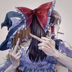  2girls absurdres aihara-rina arms_around_back blonde_hair bow brown_hair cigarette commentary_request double_middle_finger eyelashes facing_away frilled_bow frilled_hair_tubes frilled_shirt_collar frills grey_background hair_tubes hairbow hakurei_reimu hat highres hug kirisame_marisa long_hair looking_at_viewer medium_hair middle_finger multiple_girls nontraditional_miko partial_commentary red_bow red_vest sidelocks simple_background smoking standing touhou vest witch_hat yellow_eyes yuri 