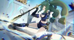  absurdres black_footwear black_shorts chromatic_aberration crop_top female full_body green_eyes green_hair highres holding holding_staff knee_pads long_hair looking_at_viewer microphone navel open_mouth outdoors qingye_ling qingyi_(zenless_zone_zero) shorts solo staff twintails zenless_zone_zero 