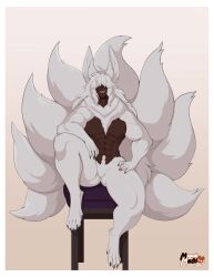  8_tails abs absurd_res animal_humanoid biped border canid canid_humanoid canine canine_humanoid claws dark_body dark_skin fangs featureless_crotch fox_humanoid fur hair hair_over_eyes hi_res humanoid male mammal mammal_humanoid meganemausu multi_tail muscular muscular_humanoid muscular_male open_mouth open_smile paws pecs rokuro_(attisa) smile solo tail tailed_humanoid teeth white_border 