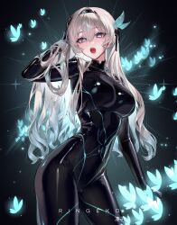  :o absurdres alternate_costume artist_name black_bodysuit black_hairband black_ribbon bodysuit breasts bright_pupils bug butterfly commentary cowboy_shot female firefly_(honkai:_star_rail) glowing_butterfly gradient_hair green_hair grey_hair hair_between_eyes hair_over_shoulder hair_ribbon hairband hand_in_own_hair highres honkai:_star_rail honkai_(series) large_breasts long_hair looking_at_viewer multicolored_hair open_mouth pink_eyes purple_eyes ribbon ringeko-chan sidelocks solo standing teeth thighs two-tone_eyes upper_teeth_only very_long_hair white_pupils 