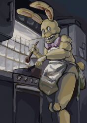  2024 anthro apron bow_tie buckteeth bunnysuitconman clothing digital_media_(artwork) five_nights_at_freddy&#039;s hi_res into_the_pit kitchen lagomorph leporid looking_at_viewer machine male mammal rabbit robot scottgames scut_tail short_tail solo spring_bonnie_(fnaf) tail teeth yellow_body 