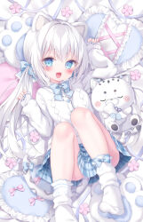  :d animal_ears ankle_socks blue_bow blue_bowtie blue_eyes blue_skirt blush bow bowtie cat_tail female flat_chest frilled_pillow frills hands_up highres knees_up kohaku_nene la_peche_party long_hair looking_at_viewer lying momochi_chia on_back open_mouth pastel_colors pillow plaid_clothes plaid_skirt pleated_skirt shirt skirt sleeves_past_wrists smile socks solo stuffed_animal stuffed_toy tail twintails virtual_youtuber w_arms white_hair white_shirt white_socks 