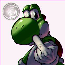  1:1 5_fingers anthro big_nose clothing dragonfetus fingers gesture gloves green_body green_eyes hand_gesture handwear hi_res looking_at_viewer male mario_bros middle_finger multicolored_body nintendo red_shell red_spikes reptile scalie shell solo spikes spikes_(anatomy) two_tone_body white_body white_clothing white_gloves white_handwear yoshi 