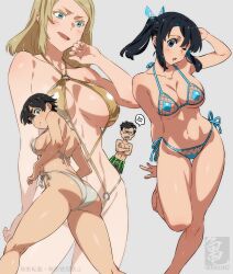  1boy 3girls angry arm_behind_head bikini blonde_hair blue_bikini blue_eyes blue_hair breasts dark_blue_hair gold_bikini grey_background highres kamezaemon looking_at_viewer medium_breasts medium_hair multiple_girls one_eye_closed original short_hair sidelocks standing standing_on_one_leg swimsuit twintails white_bikini 