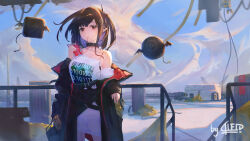  absurdres against_railing arknights artist_name bag black_collar black_hair black_jacket blood blood_bag blue_sky closure_(arknights) collar commentary_request dieid drinking drone earbuds earphones female floating_hair hair_ornament hand_up highres holding holding_bag jacket lambda_(arknights) looking_at_viewer off_shoulder open_clothes open_jacket outdoors pointy_ears railing red_eyes shirt side_ponytail sky solo t-shirt two-sided_fabric two-sided_jacket vampire white_shirt 