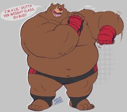  2023 anthro bear belly brown_body clothed clothing cracking_joints footwear gloves handwear male mammal megawaffle_(artist) muscular muscular_anthro muscular_male navel overweight overweight_anthro overweight_male red_nose shane_(megawaffle) simple_background solo speech_bubble underwear wrestler 