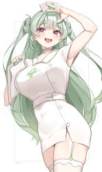  absurdres alternate_costume arm_up blush breasts clipboard cloba dress female garter_straps goddess_of_victory:_nikke green_hair hat highres holding holding_clipboard large_breasts long_hair looking_at_viewer nurse nurse_cap purple_eyes short_sleeves simple_background smile soda_(nikke) solo thighhighs thighs very_long_hair white_dress 