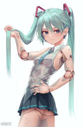  absurdres aqua_eyes aqua_hair aqua_necktie battle_angel_alita blush commentary cyborg doll_joints english_commentary female hatsune_miku highres joints long_hair looking_back necktie pleated_skirt see-through see-through_shirt shirt simple_background skirt sleeveless sleeveless_shirt smug twintails twitter_username very_long_hair vocaloid vrabius white_background 