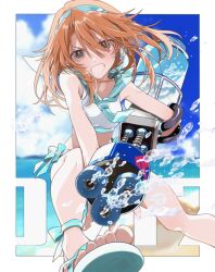  bare_shoulders beach bikini blue_neckerchief blue_sailor_collar border commentary_request female grey_eyes grin hairband holding holding_water_gun idolmaster idolmaster_cinderella_girls long_hair looking_at_viewer mochino neckerchief orange_hair outdoors outside_border sailor_bikini sailor_collar sailor_swimsuit_(idolmaster) sandals shirt side-tie_bikini_bottom smile solo swimsuit teeth toes water_gun white_bikini white_border white_shirt yuuki_haru 