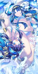  2girls absurdres armlet bikini black_hair blue_eyes bracer hair_tubes hairband headdress highres isis_(p&amp;d) jewelry kuuron_(moesann17) multiple_girls navel nephthys_(p&amp;d) ponytail puzzle_&amp;_dragons swimsuit underwater white_bikini winged_hair_ornament winged_hairband 