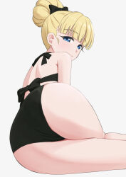  ass ass_focus bikini black_bikini blonde_hair blue_eyes easy_(aqk7bdqt) female from_behind looking_at_viewer looking_back lying mahou_shoujo_ni_akogarete on_side simple_background solo swimsuit tenkawa_kaoruko white_background 