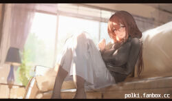  backlighting breasts brown_eyes brown_hair couch covered_nipples dress fanbox_username female glasses indoors knees_together_feet_apart lamp large_breasts long_hair looking_at_viewer original paid_reward_available polki smile solo table tareme turtleneck unfinished window 