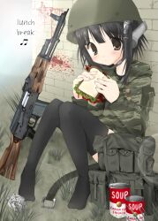  2000s_(style) against_wall alice_(frilldevil) backpack bag black_hair black_thighhighs blood blood_on_wall blood_splatter blurry bokeh brown_eyes camouflage can canned_food chin_strap closed_mouth day depth_of_field dot_nose english_commentary female food green_helmet gun hands_up helmet holding holding_food holding_sandwich hood hood_down hoodie knees_together_feet_apart knees_up light_blush long_sleeves looking_at_viewer on_grass original outdoors pocket sandwich short_hair_with_long_locks sideways_glance sitting soldier solo tareme thighhighs three_quarter_view two-handed unmoving_pattern unworn_bag war weapon weapon_request 