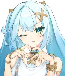  ;3 absurdres aqua_nails bare_shoulders blue_nails bracelet closed_mouth clothing_cutout colored_eyelashes commentary_request faruzan_(genshin_impact) female genshin_impact green_eyes hair_ornament heart heart_hands highres jewelry long_hair looking_at_viewer mutumumu nail_polish one_eye_closed portrait shoulder_cutout smile solo symbol-shaped_pupils triangle-shaped_pupils twintails very_long_hair white_background x_hair_ornament 