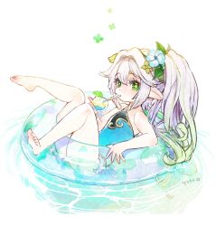  alternate_costume artist_name bare_shoulders barefoot blue_flower blue_innertube blue_one-piece_swimsuit cocktail_glass commentary_request cup drinking drinking_glass drinking_straw female flower from_side genshin_impact gradient_hair green_eyes green_hair hair_between_eyes hair_flower hair_ornament highres holding holding_cup innertube leaf_hair_ornament long_hair multicolored_hair nahida_(genshin_impact) on_innertube one-piece_swimsuit pointy_ears side_ponytail solo swim_ring swimsuit symbol-shaped_pupils toes toro_astro water white_background white_hair 