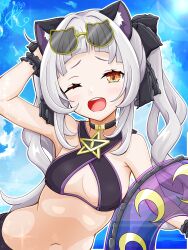  absurdres bikini black_bikini blue_sky breasts cat_eye-framed_eyewear cleavage cloud eyewear_on_head female grey_hair halterneck highres holding holding_swim_ring hololive long_hair medium_breasts murasaki_shion murasaki_shion_(hololive_summer_2019) official_alternate_costume open_mouth remone sky smile solo sunglasses swim_ring swimsuit teeth upper_teeth_only virtual_youtuber water yellow_eyes 