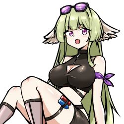  absurdres arknights bare_shoulders bike_shorts black_outline black_shirt breasts cleavage cleavage_cutout clothing_cutout commentary_request crop_top cropped_shirt eyes_visible_through_hair eyewear_on_head feet_out_of_frame female green_hair highres knees_up large_breasts light_blush long_hair looking_at_viewer official_alternate_costume open_mouth outline poncirus_(arknights) poncirus_(to_rest_in_night_breezes)_(arknights) purple-tinted_eyewear purple_eyes shirt simple_background sitting sleeveless sleeveless_shirt smile solo thigh_strap tinted_eyewear white_background xibu_cai zipper_pull_tab 