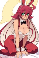  animal_ears breasts cleavage closed_mouth female gloves green_eyes guilty_gear guilty_gear_strive halo highres jack-o&#039;_valentine leotard long_hair looking_at_viewer multicolored_hair pantyhose playboy_bunny rabbit_ears red_hair scrimblocrimbo simple_background smile solo spiked_halo strapless strapless_leotard two-tone_hair white_background white_hair 