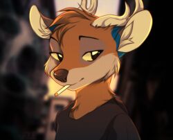  absurd_res anthro brown_body brown_fur cheek_tuft deer djoyk facial_tuft fur hair hi_res horn looking_at_viewer mammal portrait shyryp smoking solo tuft tufted_ears yellow_eyes 