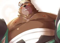  accessory anthro bare_chest bear belly blush brown_body brown_fur chest_wraps fur goro_(live_a_hero) hair headband hi_res lifewonders live_a_hero male mammal musclegut muscular nipples pecs smile solo utu_kuma257 white_hair wraps 