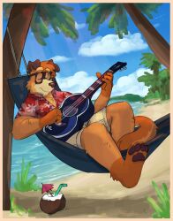  2024 aloha_shirt anthro beach beverage bluey_(series) bottomwear brown_body brown_ears brown_eyewear brown_fur brown_glasses brown_hair brown_nose brown_pawpads brown_tail busker_(bluey) canid canine canis closed_eyes clothing cloud coconut coconut_drink day digital_media_(artwork) domestic_dog drinking_straw drupe_(fruit) eyewear food fruit fur glasses guitar hair hammock hi_res holding_guitar holding_musical_instrument holding_object irish_terrier lying male mammal multicolored_body multicolored_clothing multicolored_eyewear multicolored_fur multicolored_glasses multicolored_shirt multicolored_topwear musical_instrument on_back orange_body orange_fur outside palm_tree parasol pattern_clothing pattern_shirt pattern_topwear pawpads plant playing_guitar playing_music plucked_string_instrument red_clothing red_shirt red_topwear sand sea shaibey shirt shorts smile solo string_instrument tail tan_bottomwear tan_clothing tan_shorts topwear tree two_tone_tail water white_clothing white_shirt white_topwear 