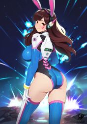  absurdres adapted_costume animal_ears artist_logo artist_name ass breasts brown_eyes brown_hair closed_mouth commentary d.va_(overwatch) explosion facial_mark fake_animal_ears female from_behind gloves highres kaos_art leotard lips logo long_hair long_sleeves looking_at_viewer looking_back medium_breasts night night_sky outdoors overwatch patreon_username shiny_skin skin_tight sky smile solo thighhighs thighs white_gloves 