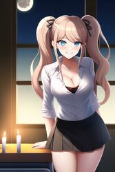  ai_generated blue_eyes bra button_down_shirt candles classroom cleavage danganronpa hair_ribbon junko_enoshima nai_diffusion night skirt stable_diffusion strawberry_blonde_hair twintails window 