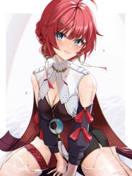  absurdres ahoge bare_legs bare_shoulders barefoot between_legs black_shorts black_sleeves blue_eyes breasts cleavage collar danjin_(wuthering_waves) detached_sleeves dress earrings female hand_between_legs highres hoop_earrings jewelry large_breasts light_blush looking_at_viewer medium_hair necklace partially_submerged red_dress red_hair shorts sitting smile solo thigh_strap twitter_username uriuritei wariza wet white_collar wuthering_waves 