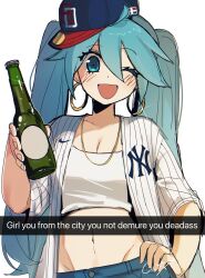  ;d alcohol alternate_costume aqua_eyes aqua_hair baseball_cap baseball_jersey beer_bottle bottle breasts ciosuii cleavage crop_top denim dominican_republic_flag earrings english_text female gold_necklace hat hatsune_miku highres hoop_earrings jeans jersey jewelry major_league_baseball necklace new_york_yankees one_eye_closed pants shirt simple_background smile solo twintails vocaloid white_background white_shirt 